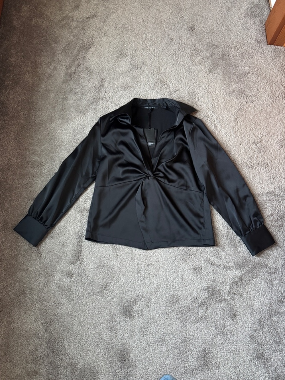 Insight Black Satin Blouse Ruched Front V Neck Long Sleeve Elegant SIZE S NWT
